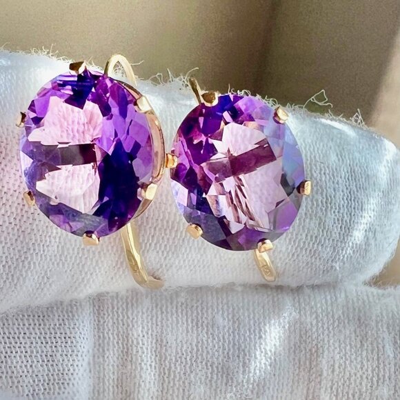 14K Yellow Gold Purple Amethyst Earrings, February Birthstone Earrings